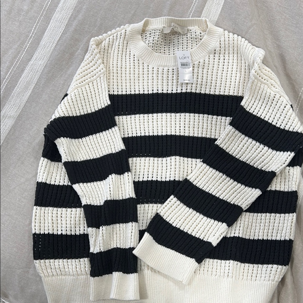 LOFT Black and White Crewneck Sweater with Nautical Stripes